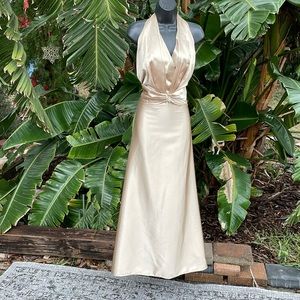 Fiesta, gold, champagne, satin prom dress